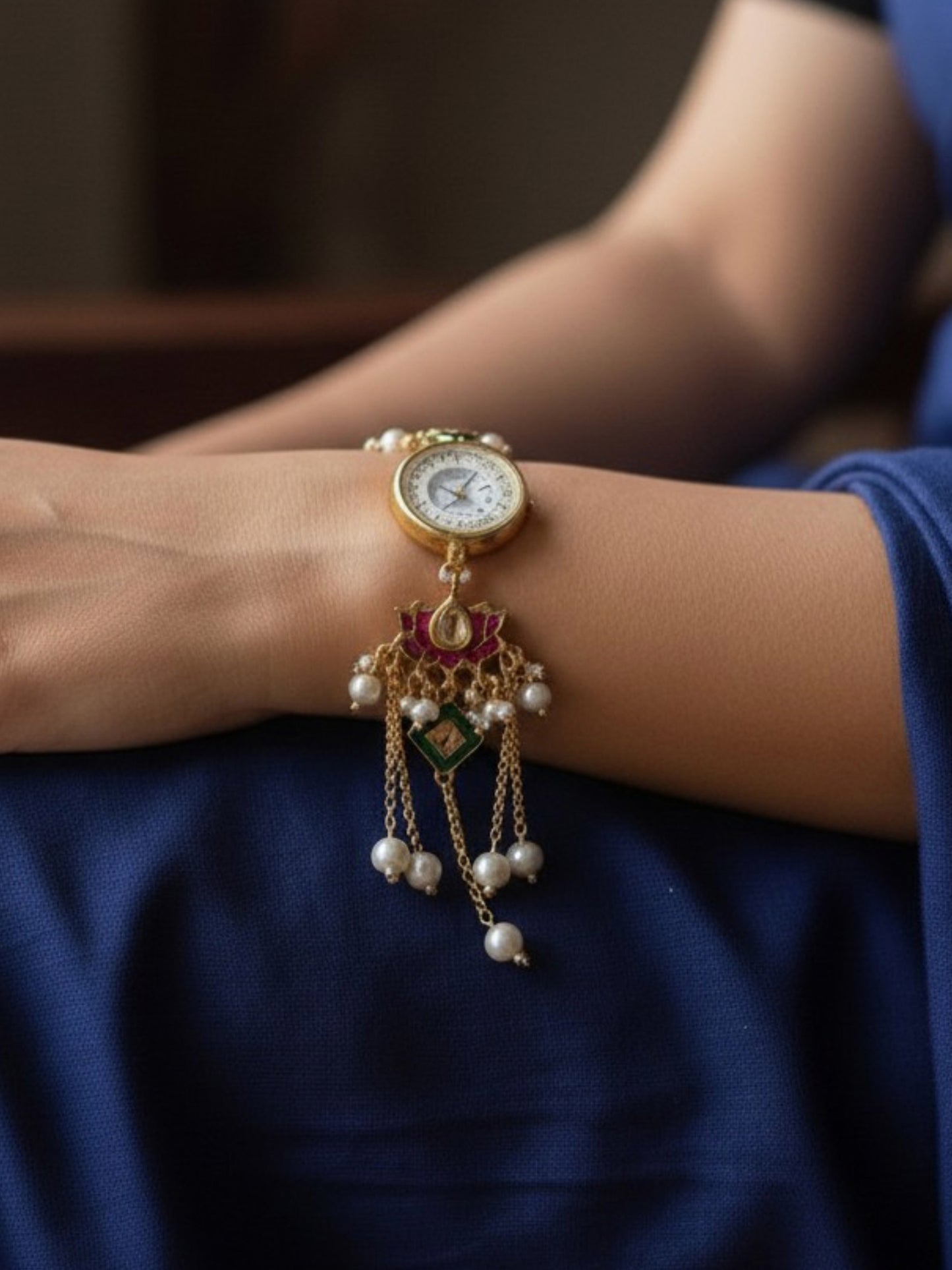 Susanna-2 Golden Pearl Chain Drop Watch Bracelet