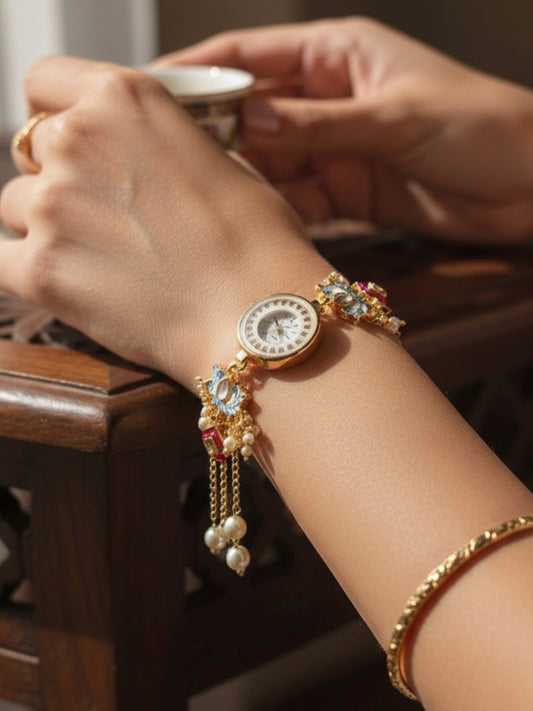 Susanna Golden Pearl Chain Drop Watch Bracelet