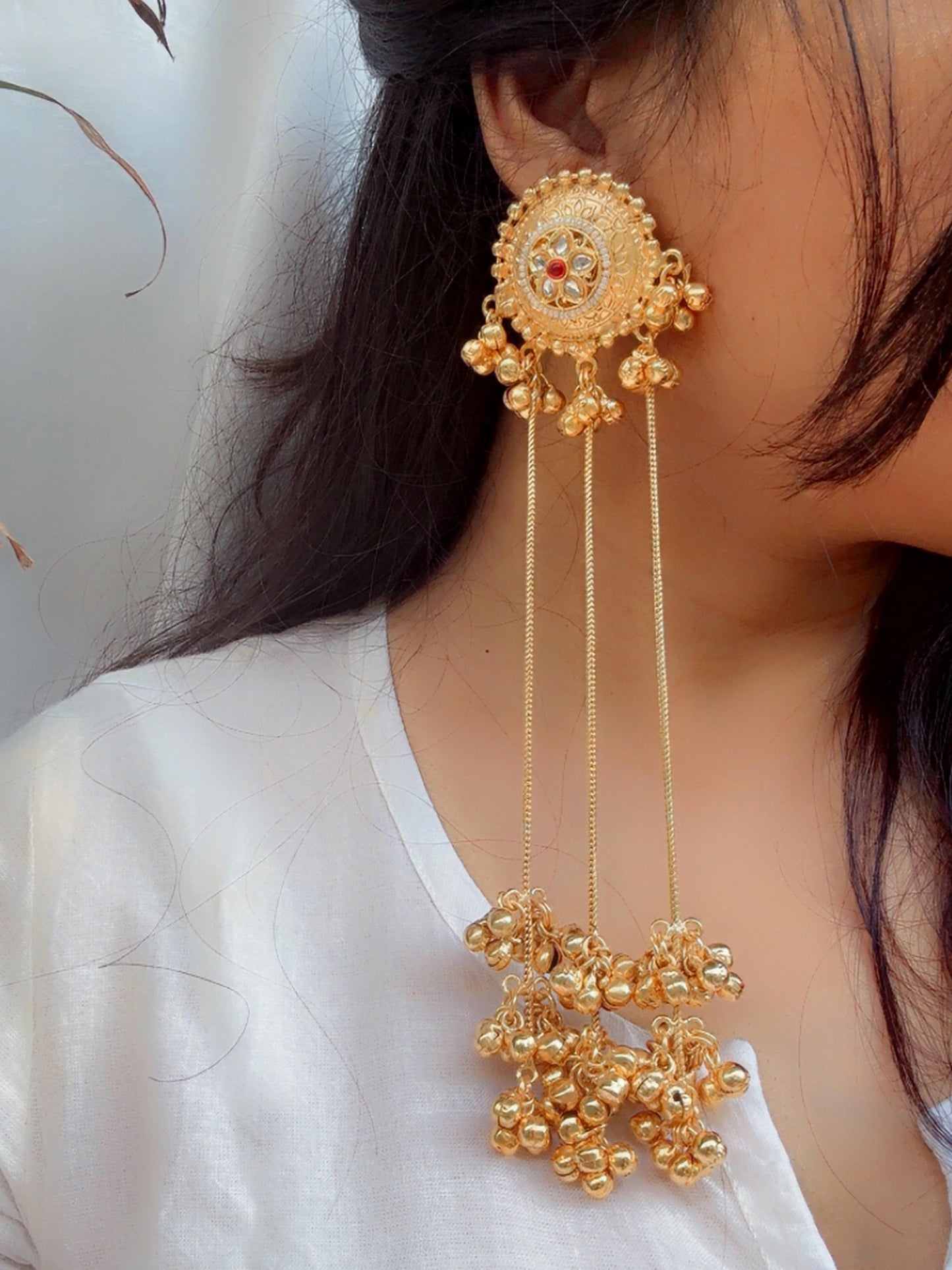 Suvarna Kashmiri Long Ghungroo Golden Dangle Earrings