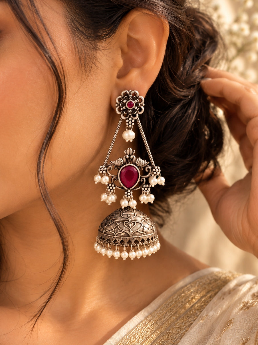 Swani Ruby Red Monalisa Stone Pearl Jhumka Earrings