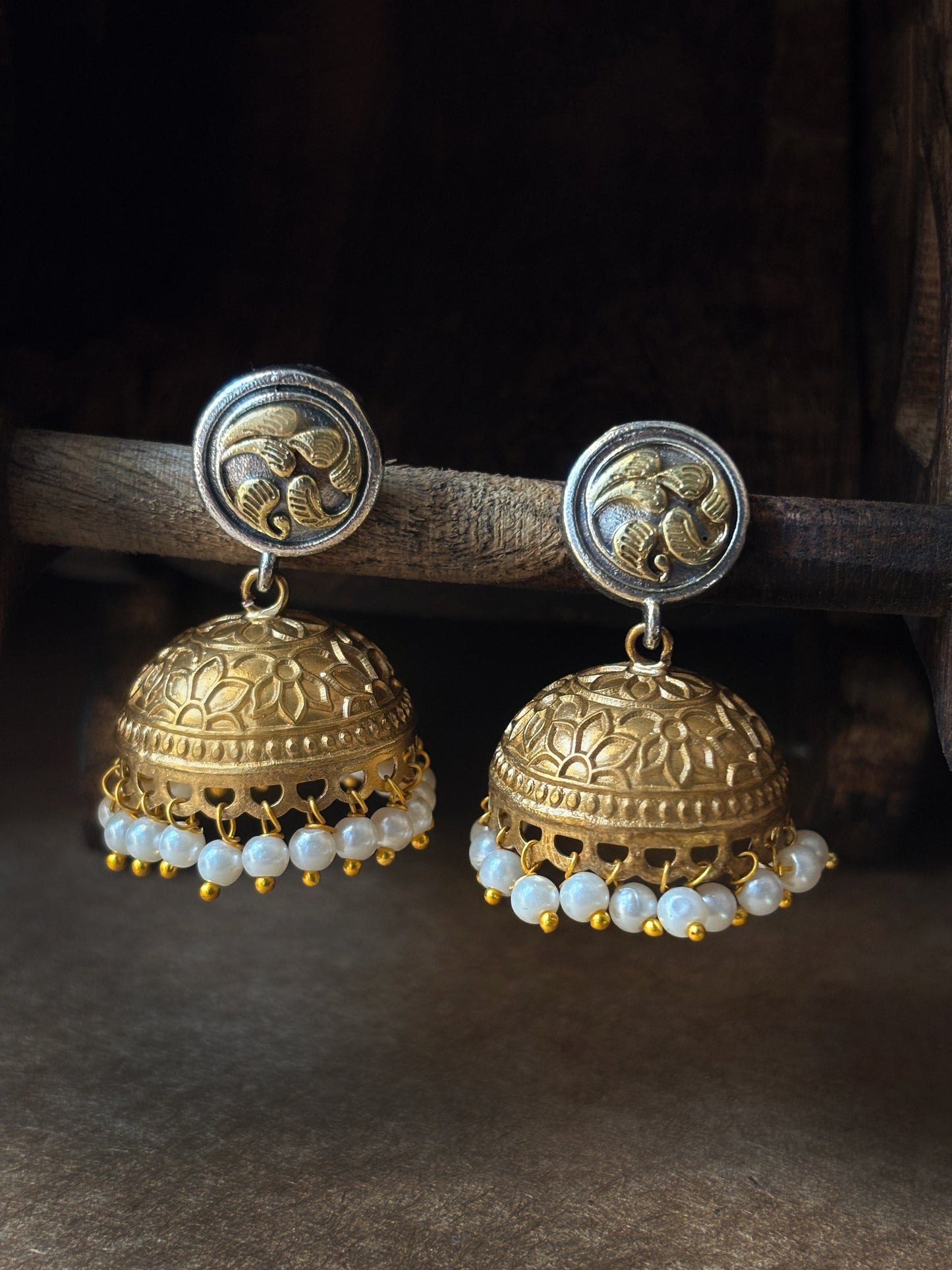 Swarnim Dual Tone Oxidized Jhumki Earrings