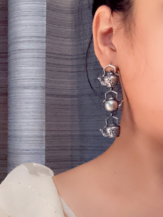 Quirky Tea Party Oxidized Silver Dangle Earrings