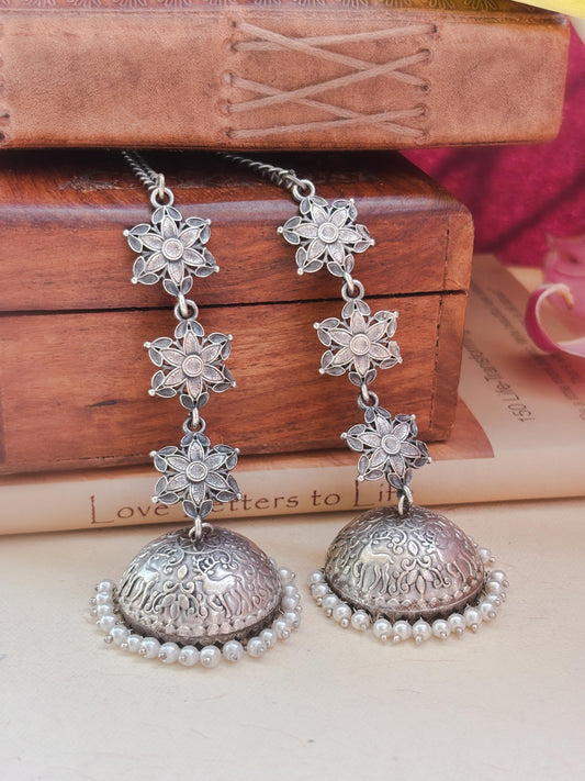 Teen Sitare Pearl Jhumka Chain Earcuff Earrings