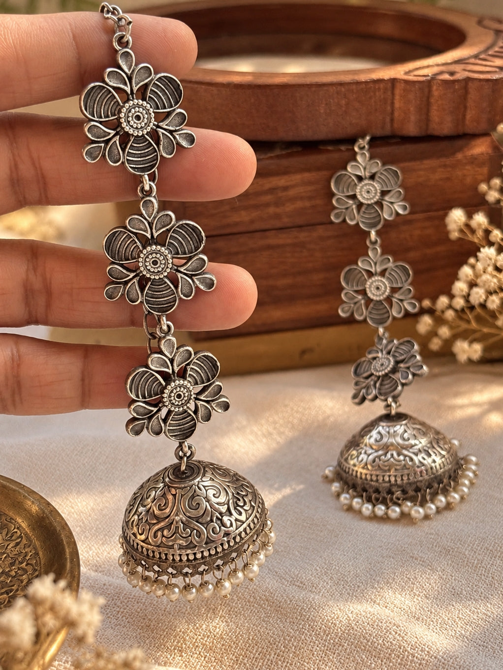 Teen Triparna Pearl Jhumka Chain Earrings | 3-Layer Oxidized Silver Boho Earrings
