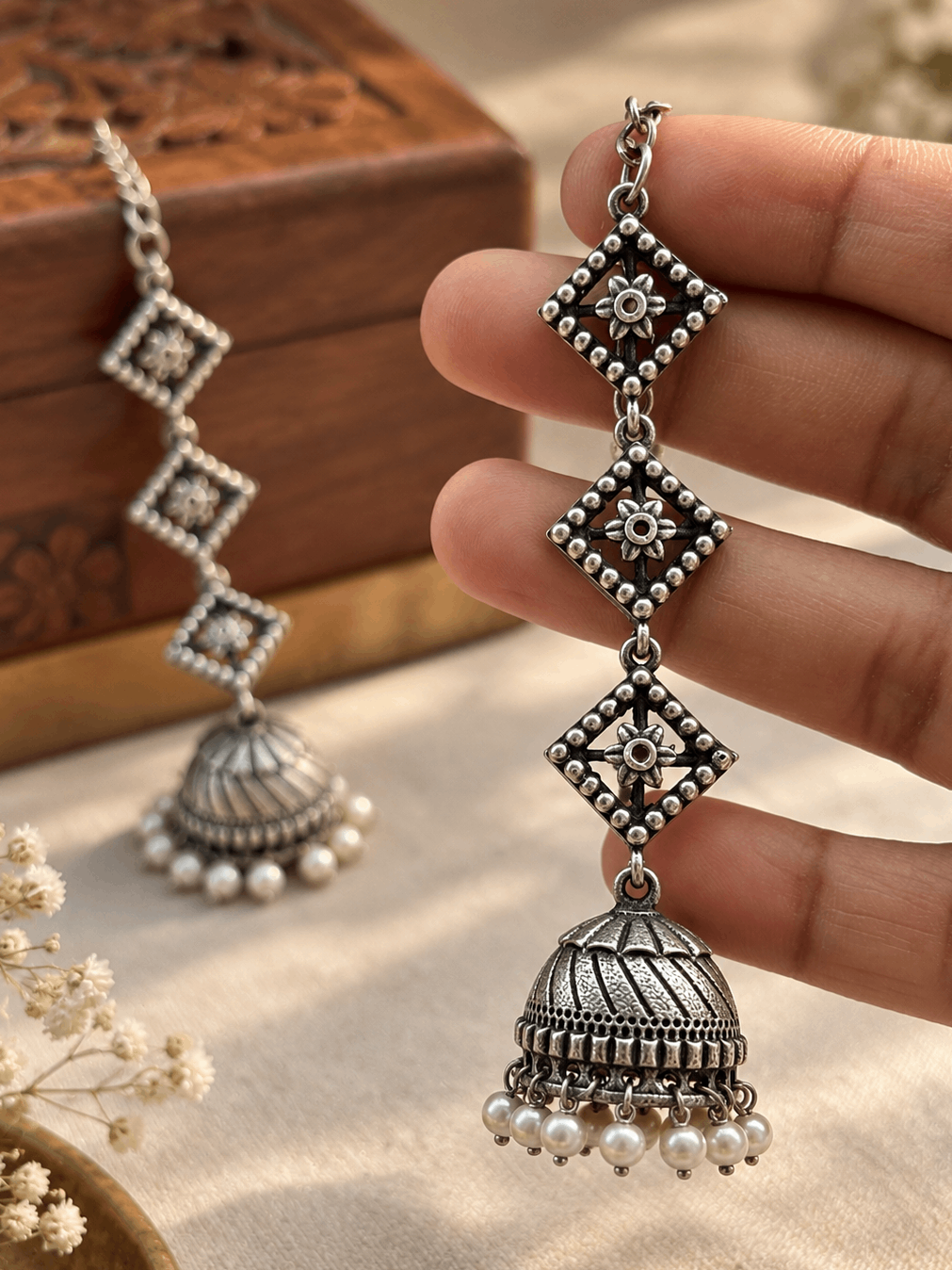 Teen Ratna Pearl Jhumka Chain Earrings | 3-Layer Oxidized Silver Earrings