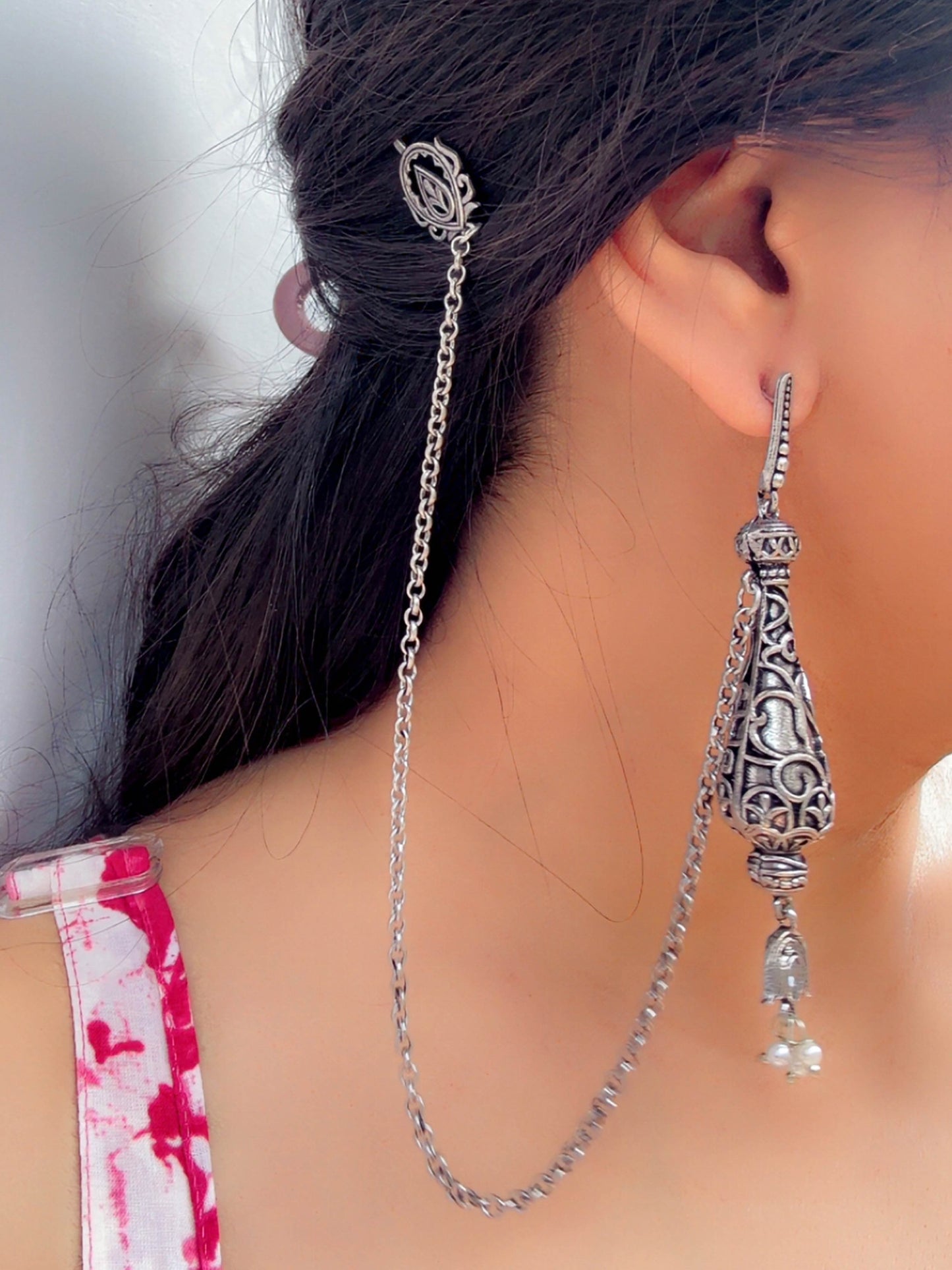 Thumri Pearl Chain Dangle Oxidized Earrings with Hair Clip