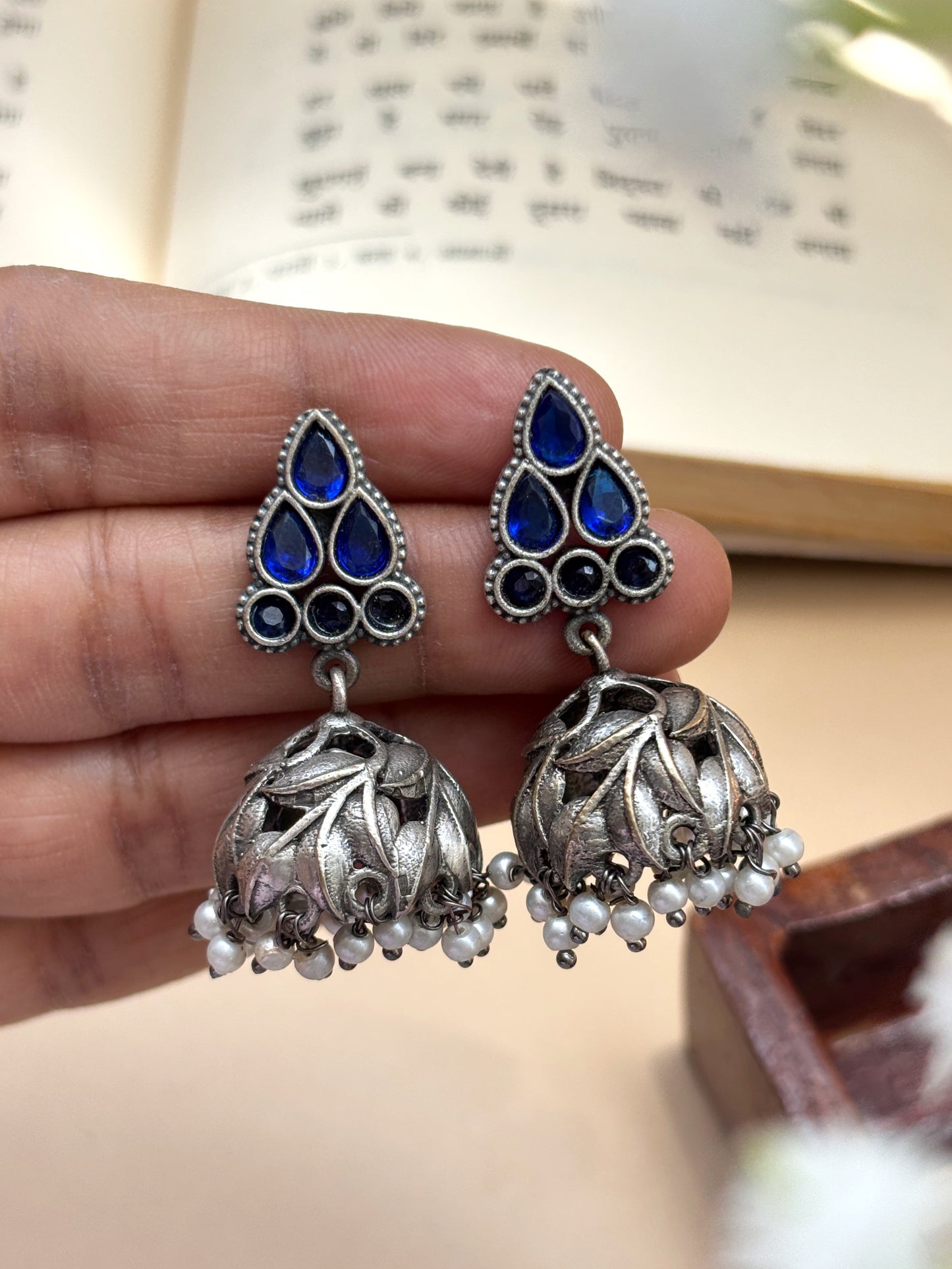 Tulsi Blue Monalisa Stone Jhumki Earrings