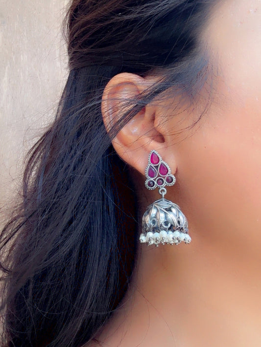 Tulsi Red Monalisa Stone Jhumki Earrings