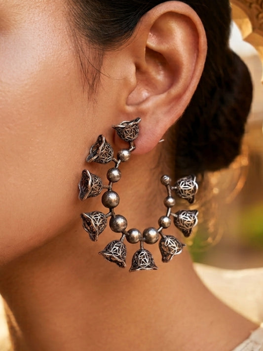 Valaya Hoop Big Studs Silver Oxidized Boho Earrings