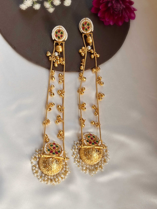 Yami Red Green Kashmiri Dejhoor Ghungroo Golden Dangle Earrings