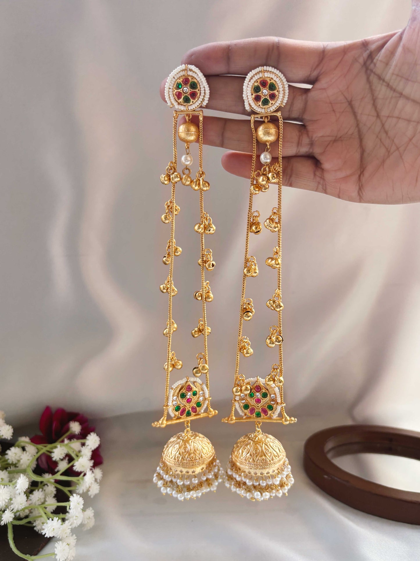 Yami Red Green Kashmiri Dejhoor Ghungroo Golden Dangle Earrings
