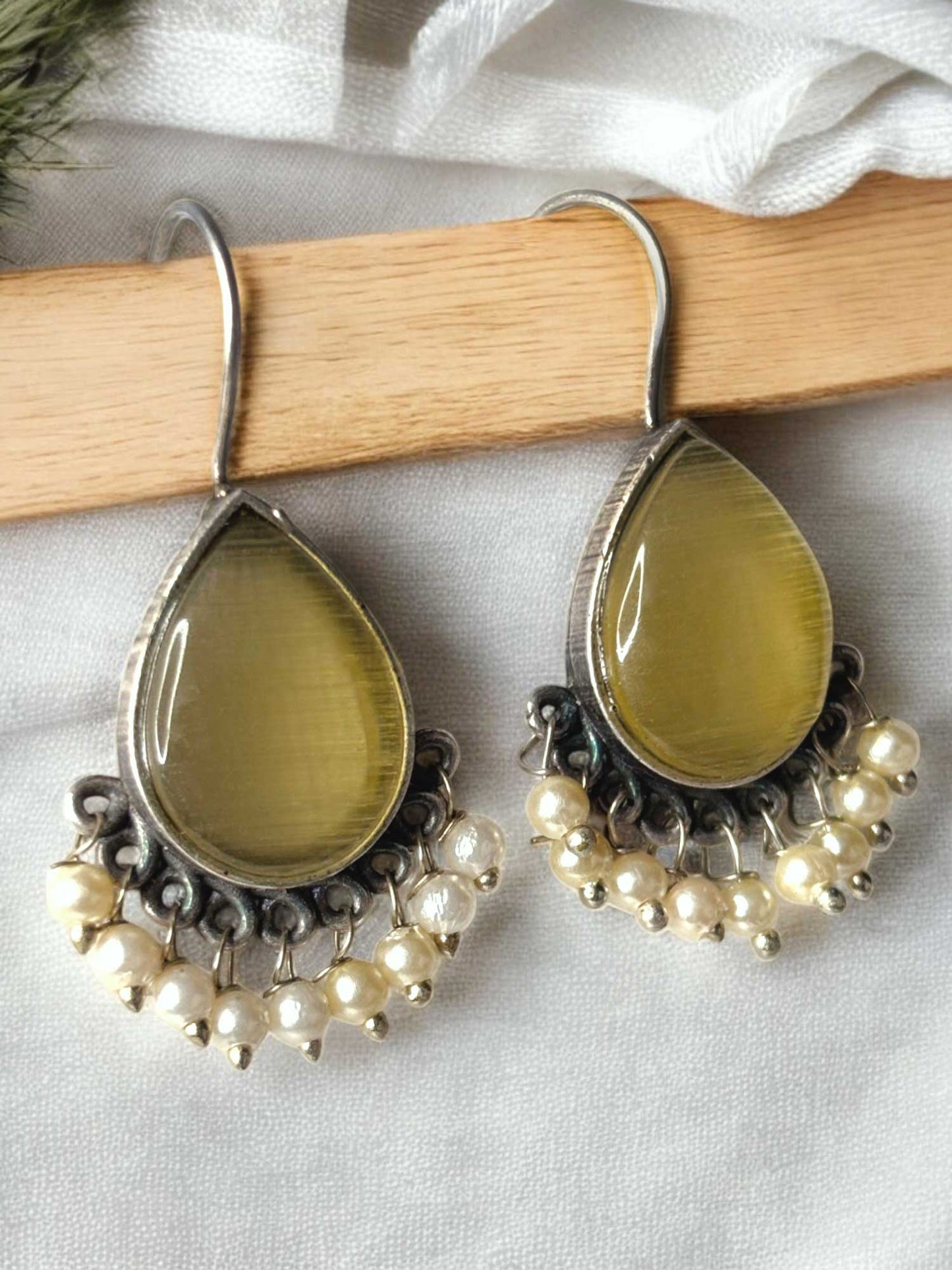 Dew Drop Monalisa Stone Oxidized Hook Earrings