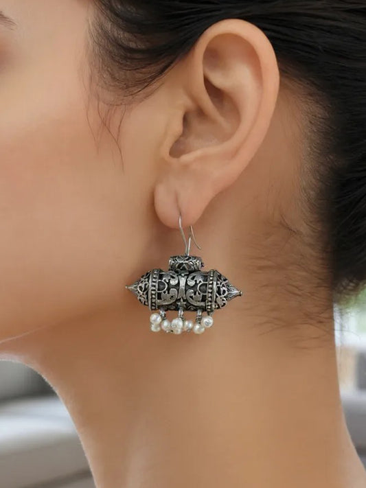 Yugmaa Pearl Hook Oxidized Boho Earrings