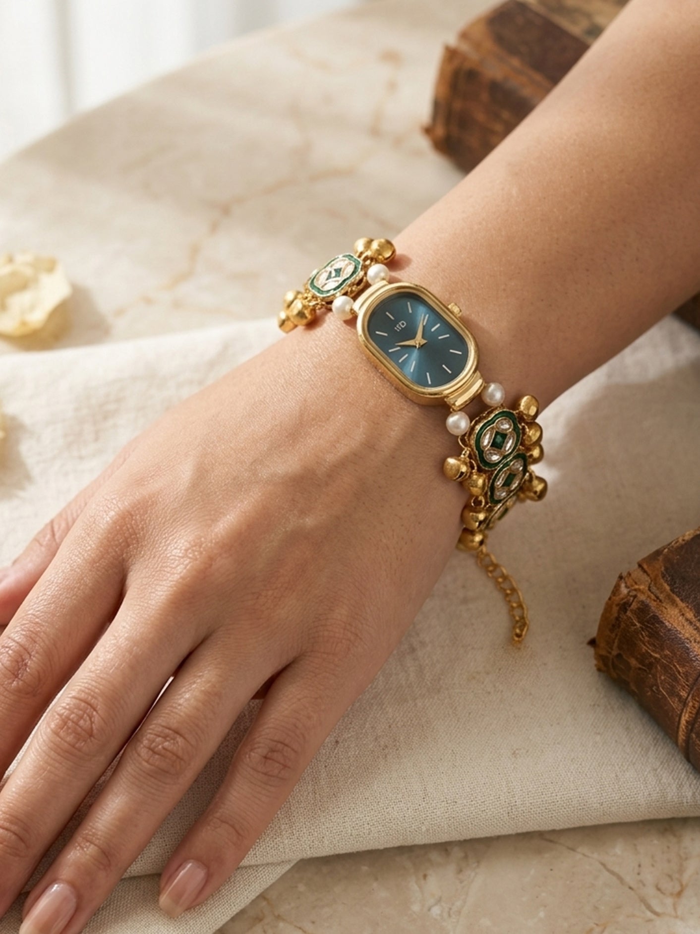 Zainab Green Emerald Kashmiri Watch Bracelet with Ghungroo Drops