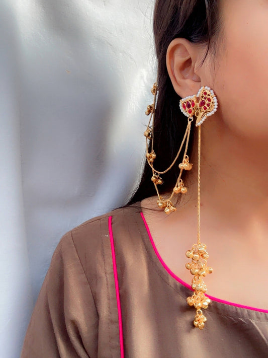 Zarina Red Magenta Kashmiri Dejhoor Long Ghungroo Earrings