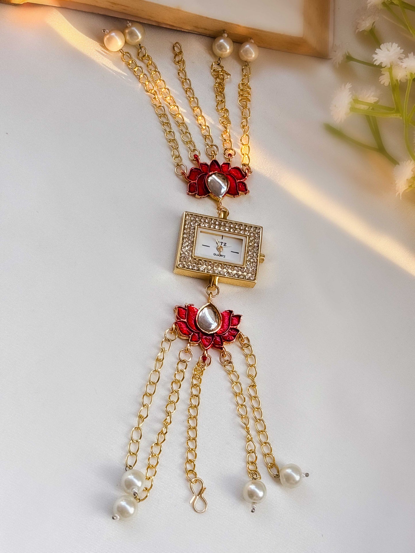 Zoya Golden Pearl Chain Drop Watch Bracelet