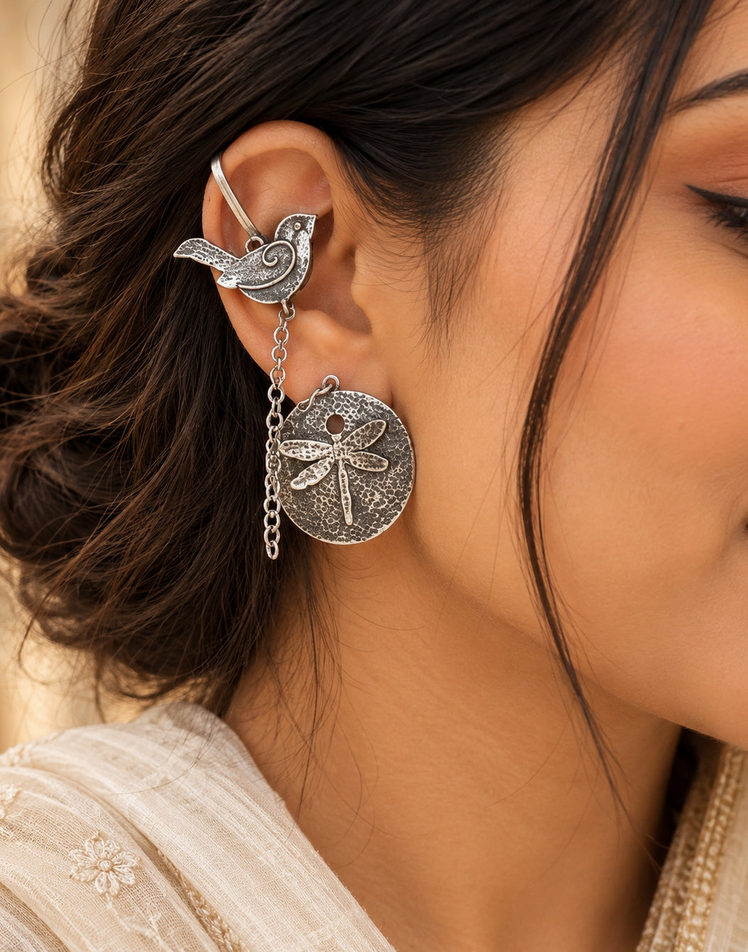 Quirky Fly & Bird Chain Bugadi Earcuff Earrings | Oxidized Silver Tribal Studs