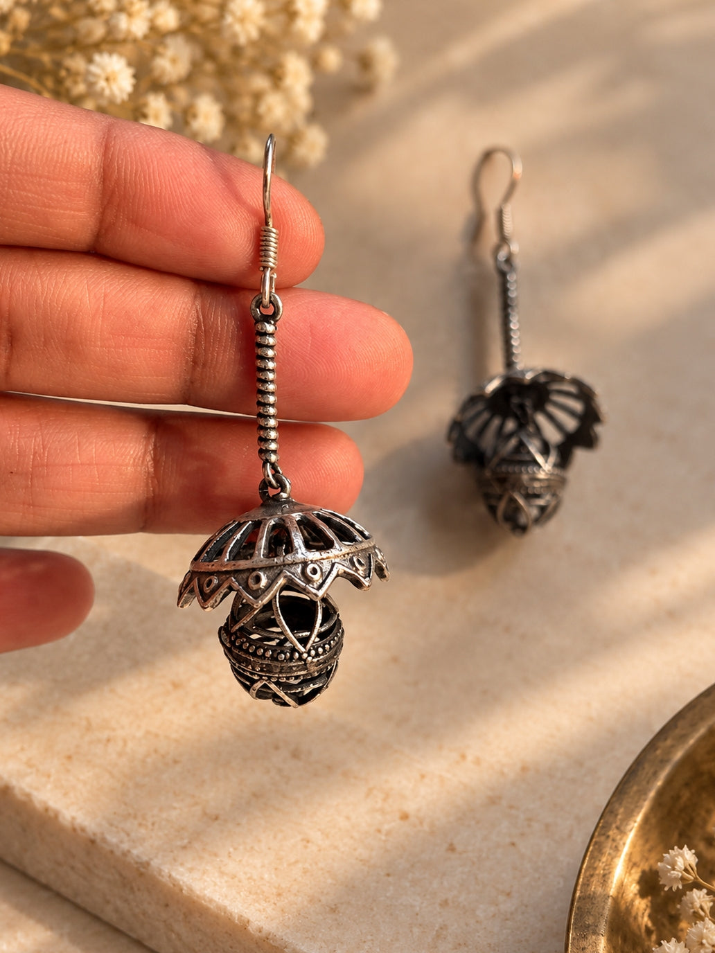 Kshudra Jhumka Hook Earrings | Oxidized Silver Boho Tribal Earrings
