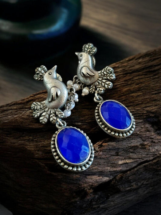 Prindey Monalisa Stone Oxidized Blue Earrings