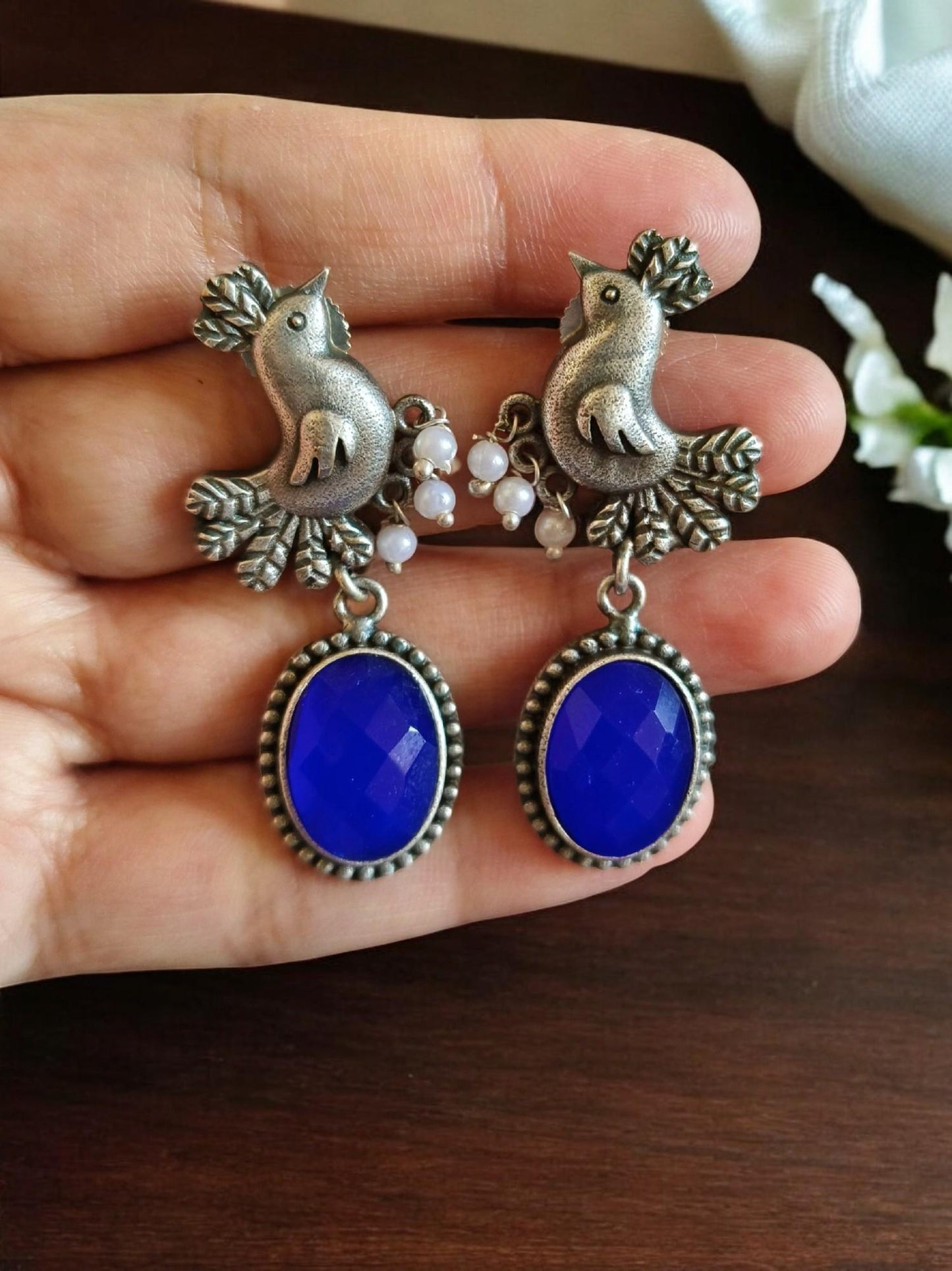 Prindey Monalisa Stone Oxidized Blue Earrings