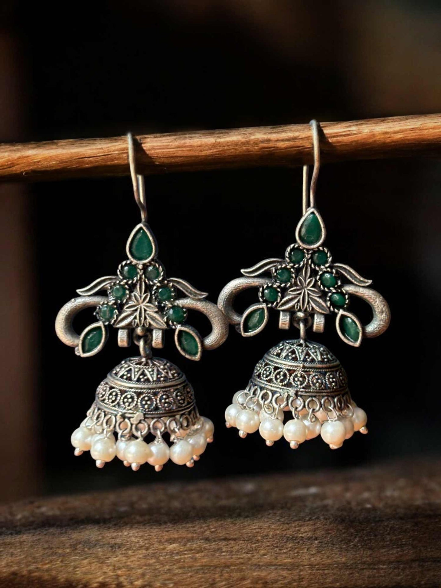 Piku Green Monalisa Stone Pearl Hook Jhumka