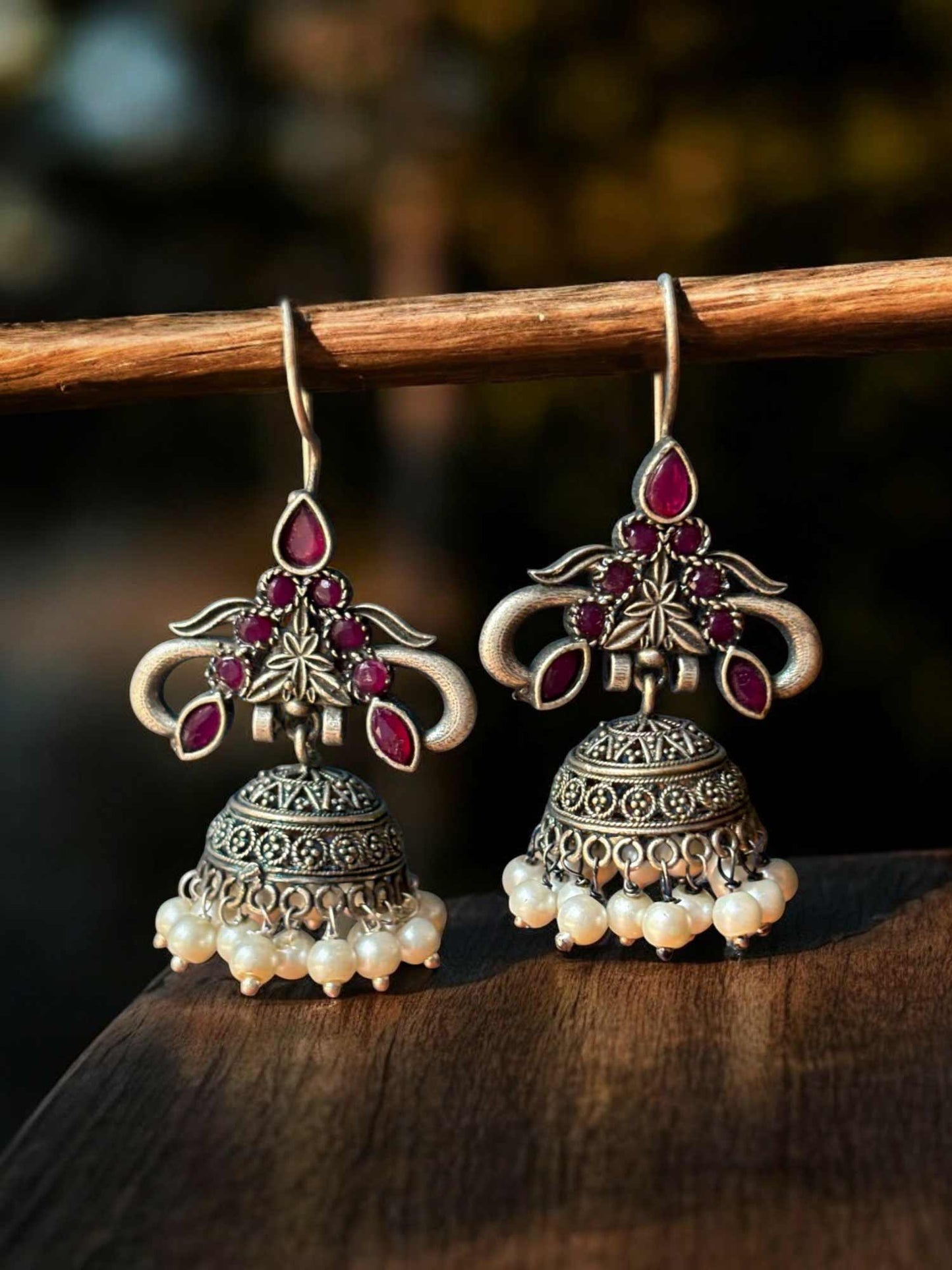 Piku Red Magenta Monalisa Stone Pearl Hook Jhumka