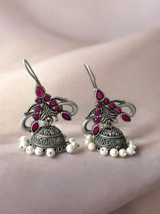 Piku Red Magenta Monalisa Stone Pearl Hook Jhumka
