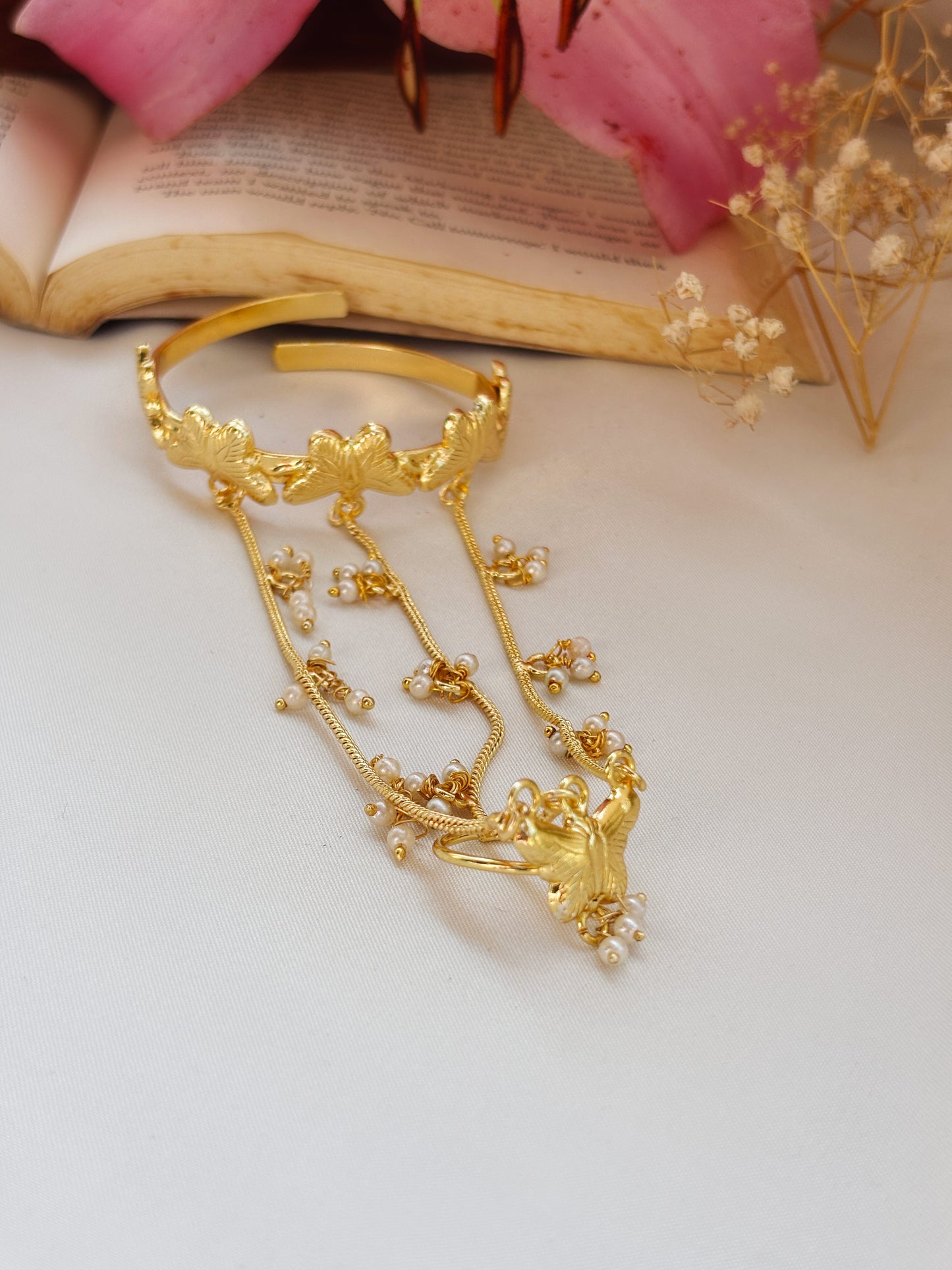 Titli Golden Pearl Chain Adjustable Hathphool Bracelet (Price per piece)