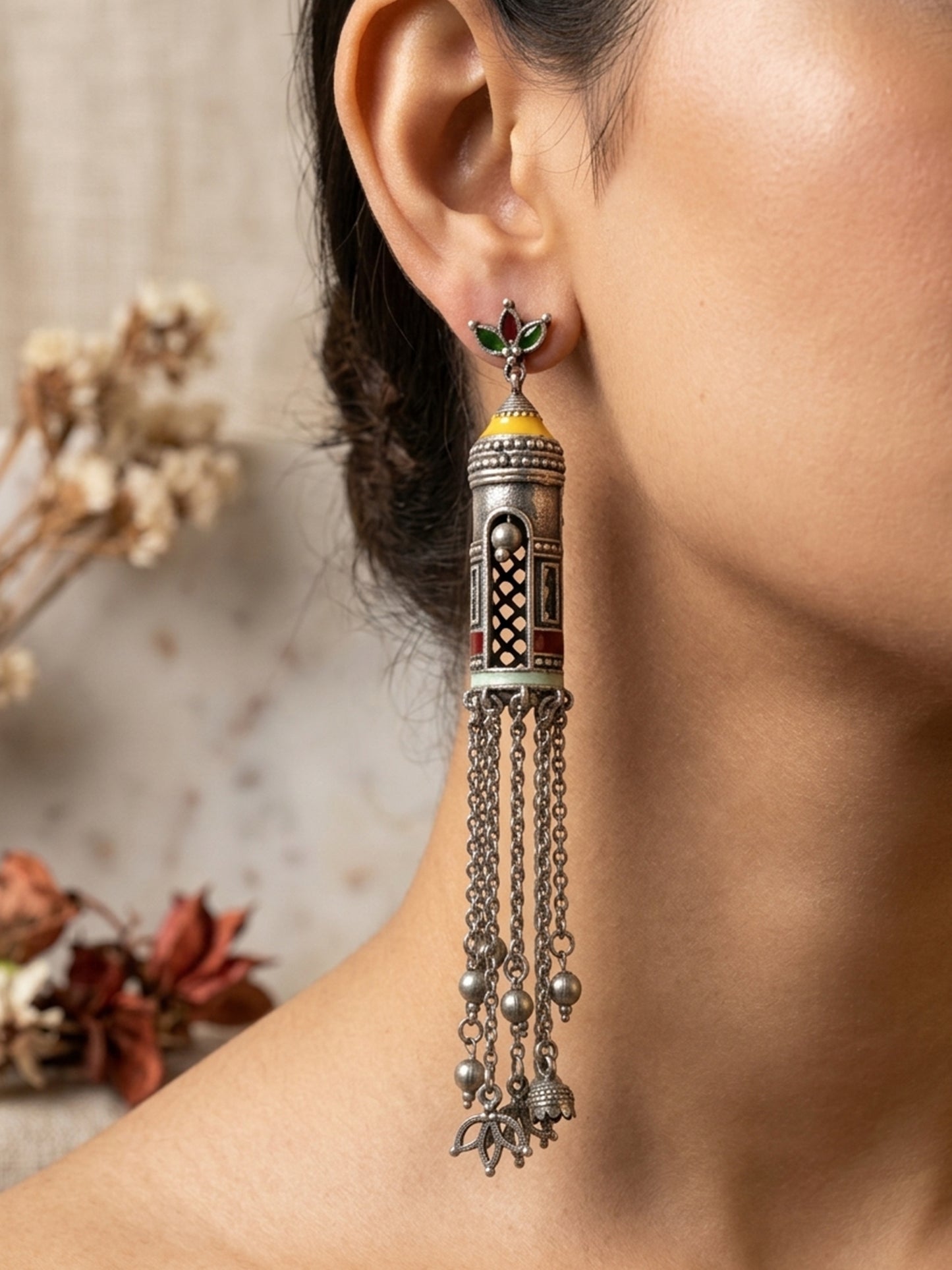 Aabidah Long Handpainted Meenakari Jhumka Earrings