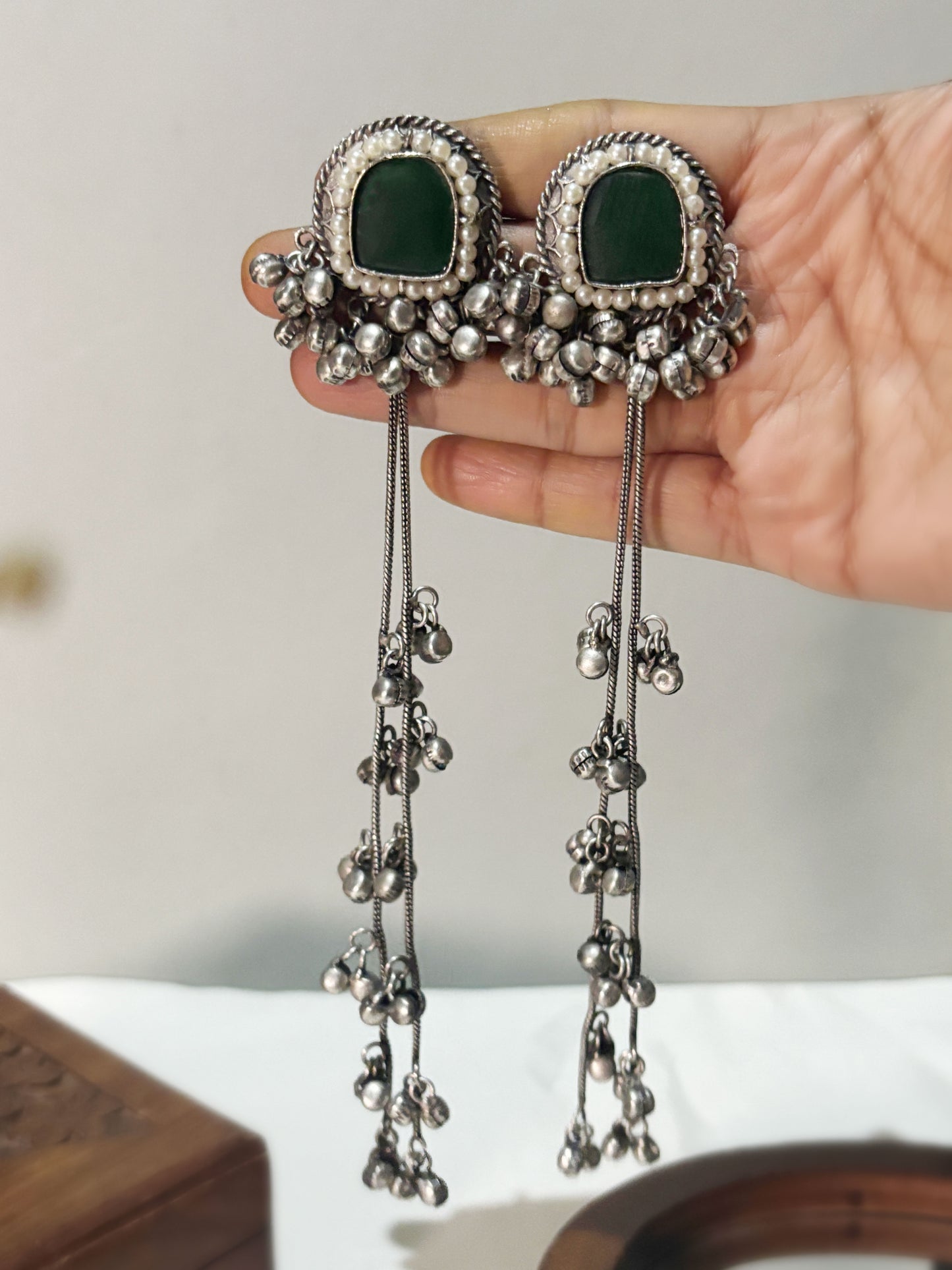 Aahna Green Pearl Monalisa Stone Super Long Ghungroo Earrings