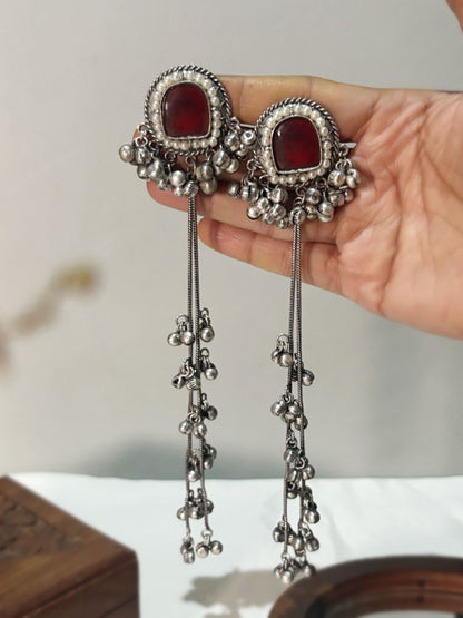 Aahna Red Pearl Monalisa Stone Super Long Ghungroo Earrings