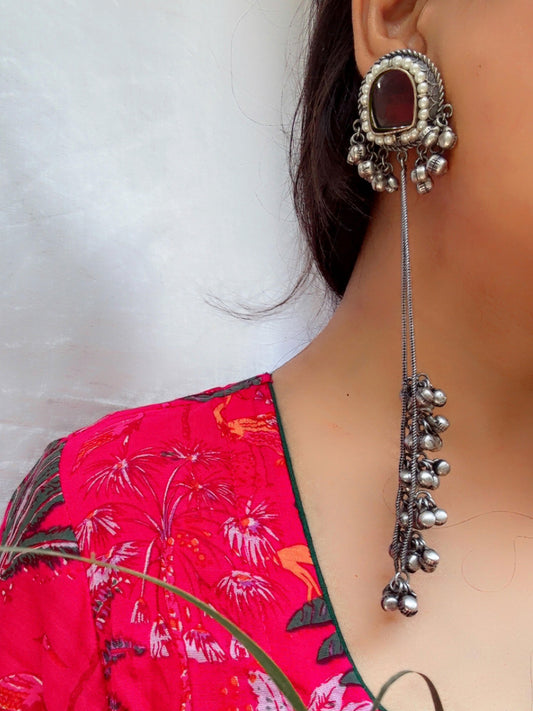 Aahna Red Pearl Monalisa Stone Super Long Ghungroo Earrings