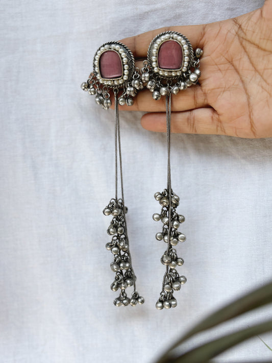 Aahna Pink Pearl Monalisa Stone Super Long Ghungroo Earrings