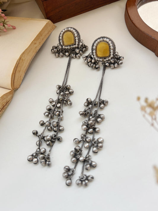 Aahna Yellow Pearl Long Kashmiri Silver Earrings
