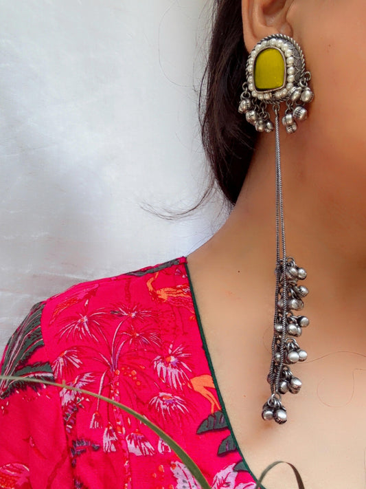 Aahna Yellow Pearl Long Kashmiri Silver Earrings