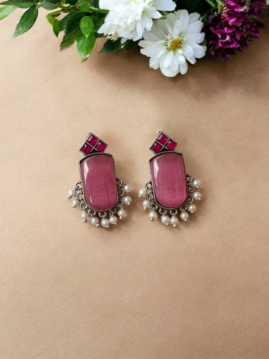 Aaravi Pink Red Monalisa Stone Pearl Stud Earrings