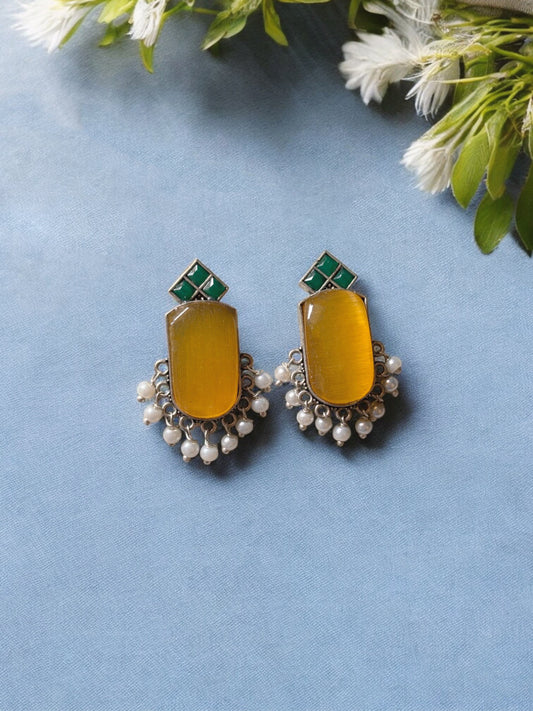 Aaravi Yellow Green Monalisa Stone Pearl Stud Earrings