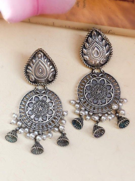 Aarya Pearl Long Dangle Oxidized Earrings