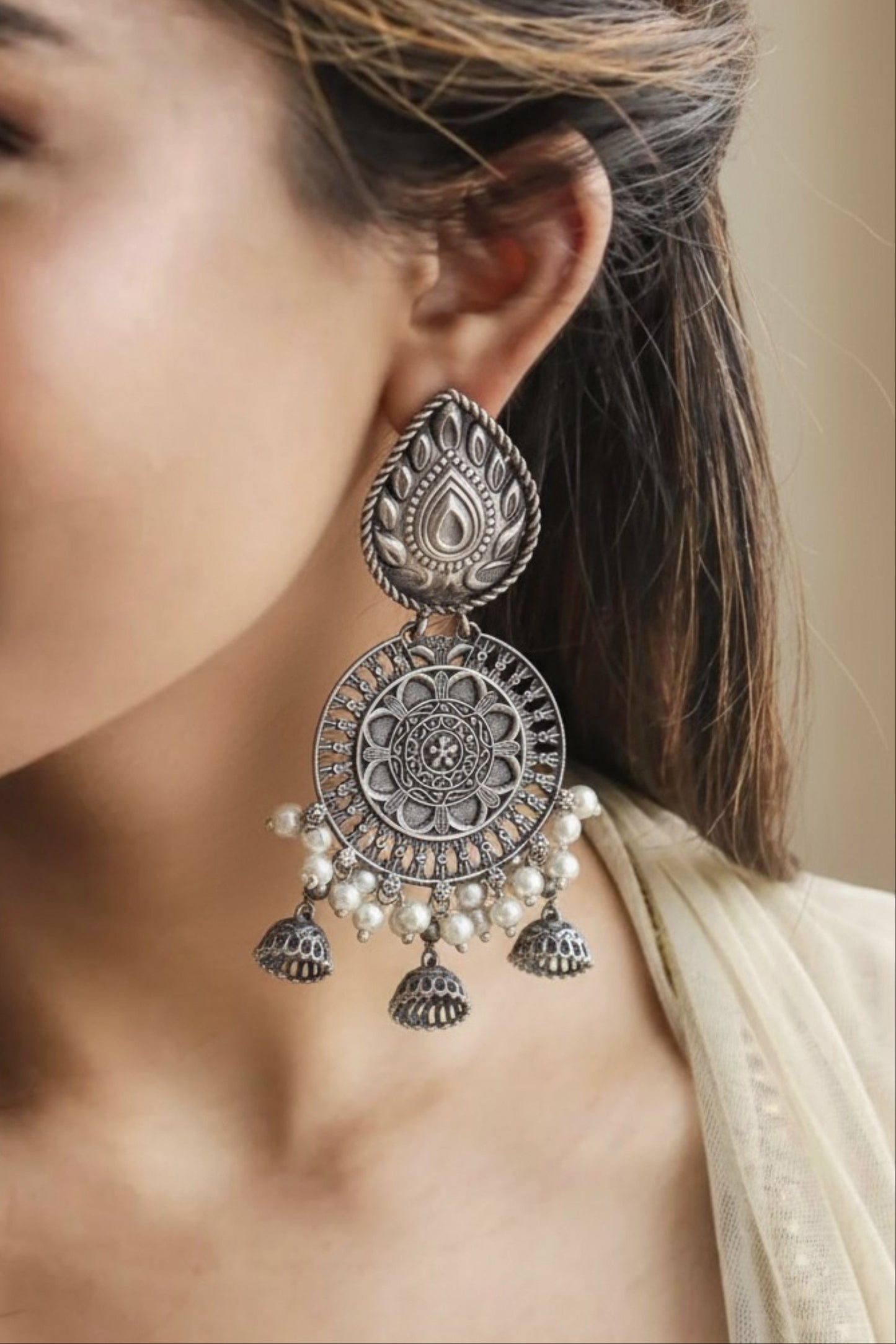 Aarya Pearl Long Dangle Oxidized Earrings