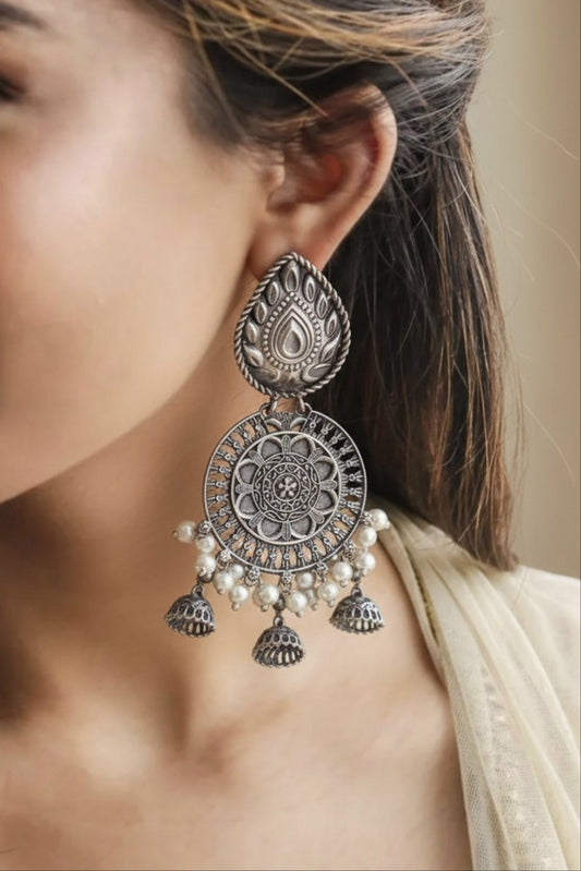 Aarya Pearl Long Dangle Oxidized Earrings