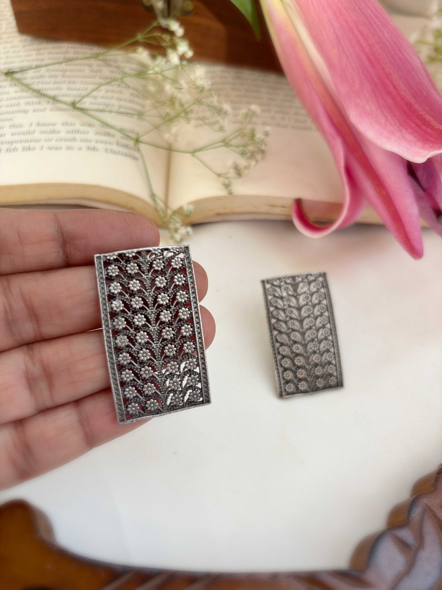 Abheri Studs – Silver Oxidized Boho Earrings