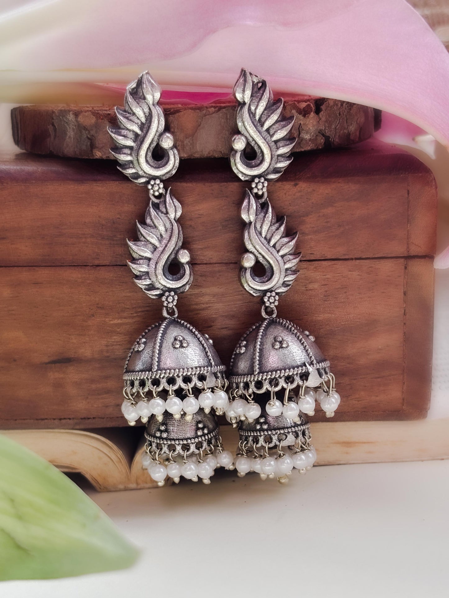 Agneya Double Layer Pearl Oxidized Silver Jhumka