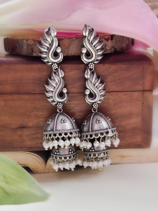 Agneya Double Layer Pearl Oxidized Silver Jhumka
