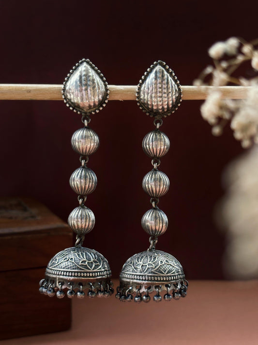 Aheli Ghungroo – Long 3-Layer Oxidized Silver Jhumka Earrings