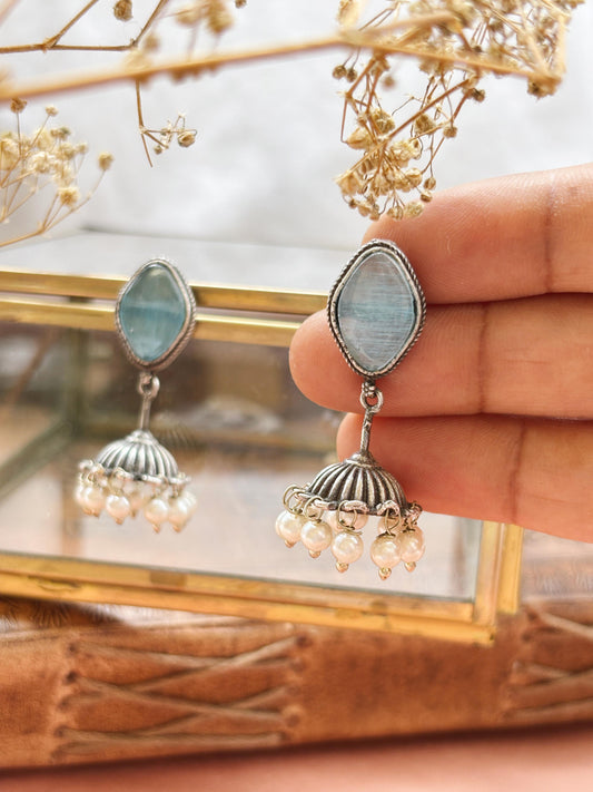 Alpa Blue Monalisa Stone Small Pearl Jhumki