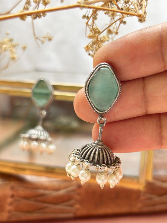 Alpa Mint Monalisa Stone Small Pearl Jhumki