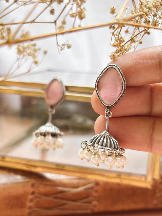 Alpa Pink Monalisa Stone Small Pearl Jhumki