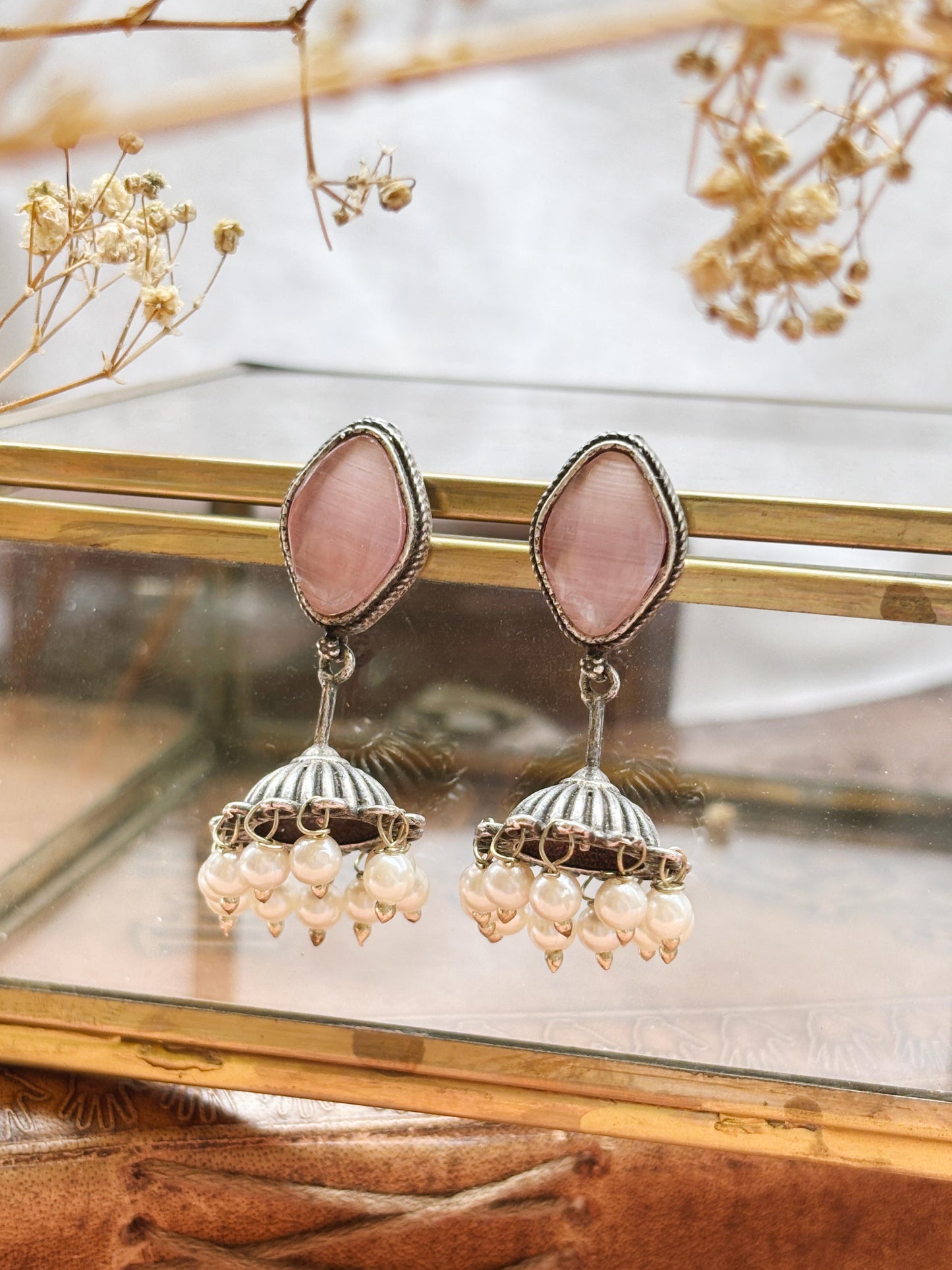Alpa Pink Monalisa Stone Small Pearl Jhumki