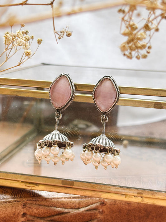 Alpa Pink Monalisa Stone Small Pearl Jhumki