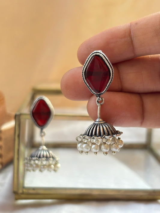 Alpa Red Monalisa Stone Small Pearl Jhumki